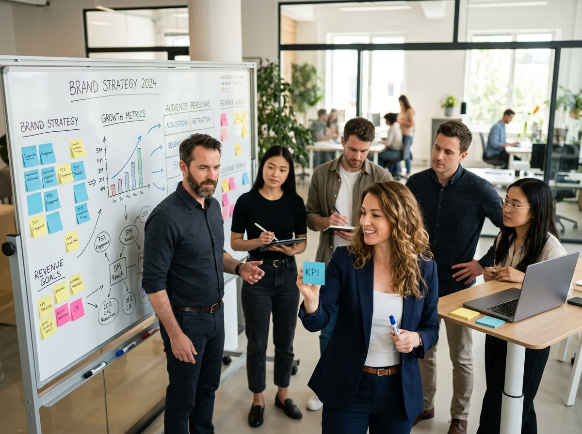 Marketing team collaborating around a whiteboard with brand strategy metrics