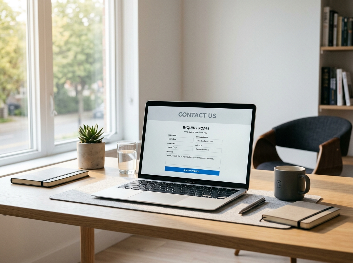 Inquiry form on a laptop in a modern executive office