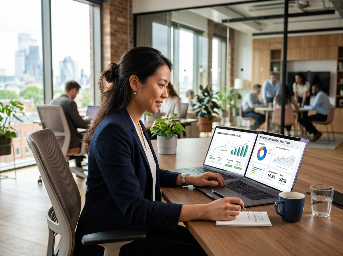Business professional analyzing clean growth graphs on a laptop